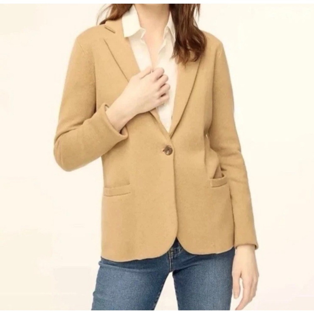 J. Crew Blazer Women's Camel Cotton Knit One Button Classic Office Preppy - M